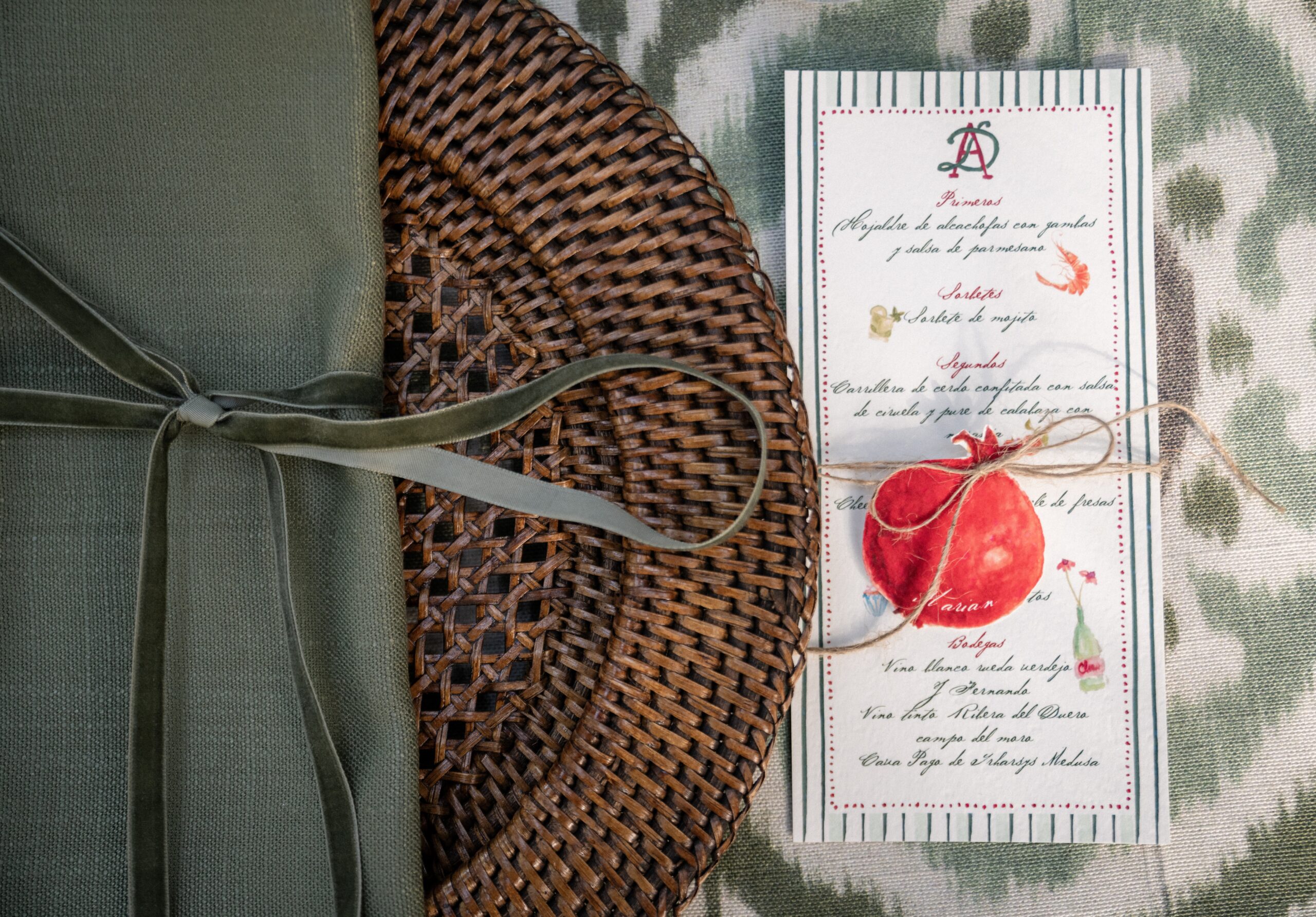 minuta acuarela personalizada colores otoñales Eleglam Estudio y granada para nombre de invitados o marcasitio